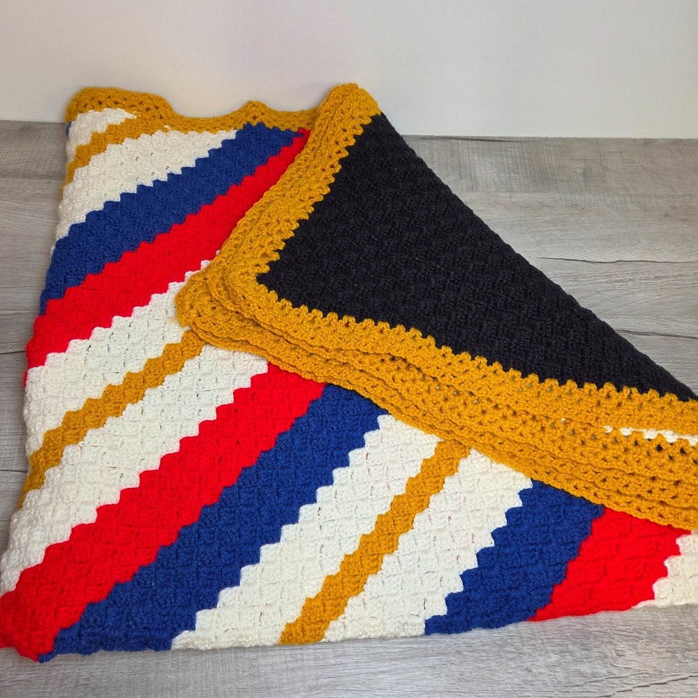Handmade Corner to Corner Crocheted Afghan 60" x 106" Diagonal Stripe Boarder